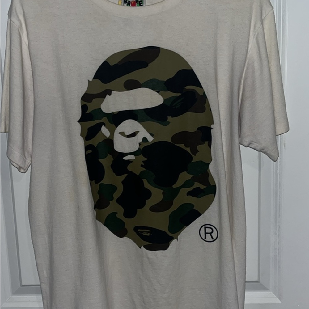 Bape Cream and Green Short Sleeve Tee with Iconic Camouflage Logo